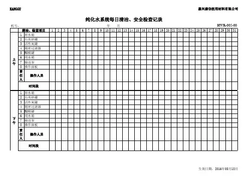 纯化水系统每日清洁、安全检查记录