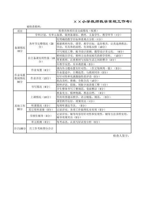 ××小学教师教学常规工作考核表