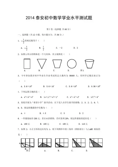 2014年泰安_初中数学学业水平测试模拟题