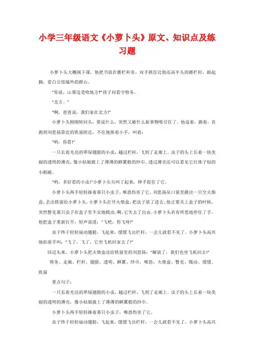 小学三年级语文《小萝卜头》原文、知识点及练习题
