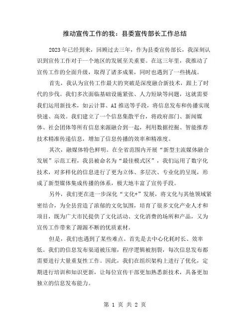 推动宣传工作的我：县委宣传部长工作总结