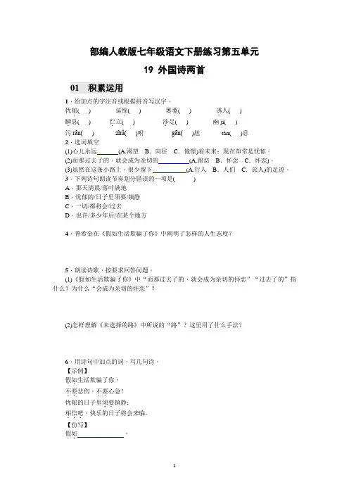 部编人教版七年级语文下册练习 19 外国诗两首(含答案版)