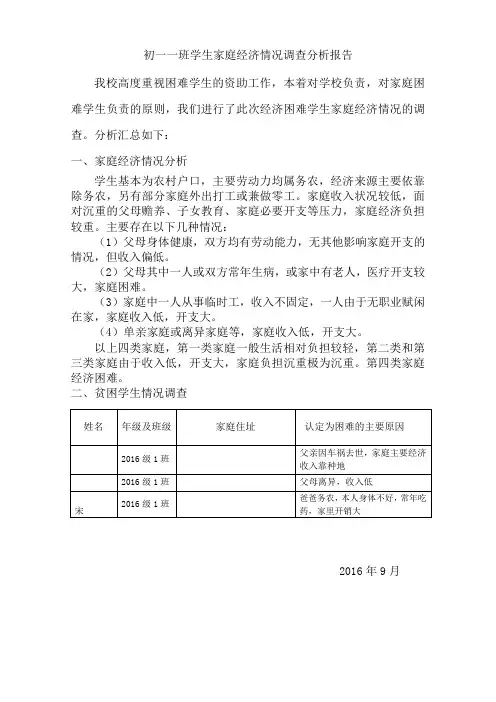 初一一班学生家庭经济情况调差分析报告