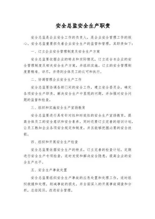 安全总监安全生产职责