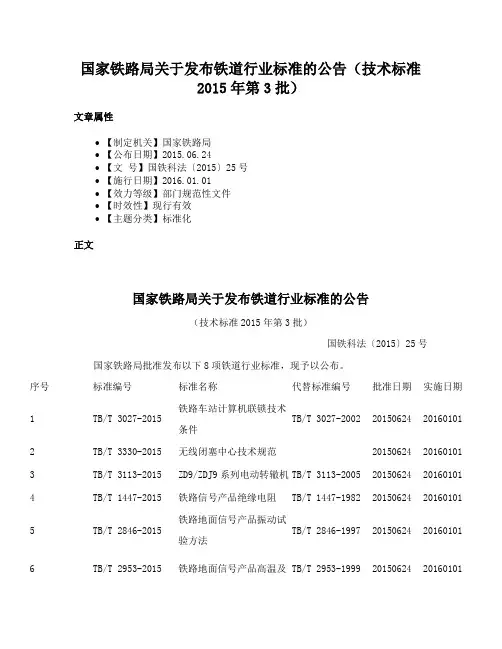 国家铁路局关于发布铁道行业标准的公告（技术标准2015年第3批）