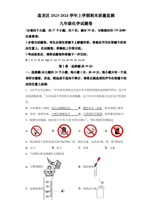 云南省昆明市盘龙区2023--2024学年九年级上学期期末质量监测化学试卷(含解析)