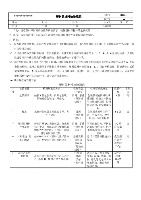 塑料原材料检验规范