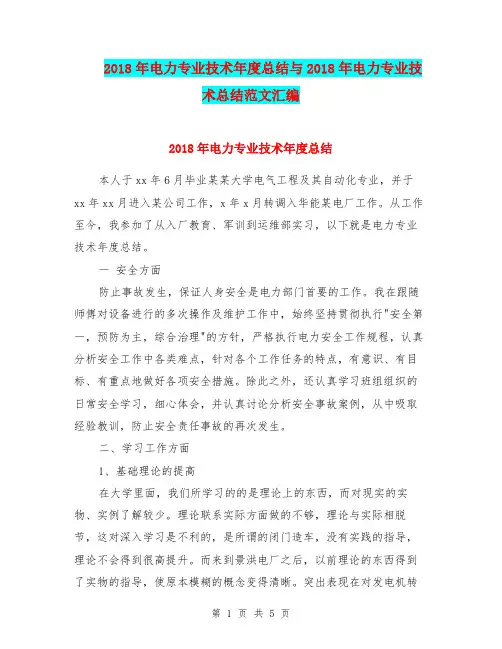 2018年电力专业技术年度总结与2018年电力专业技术总结范文汇编.doc