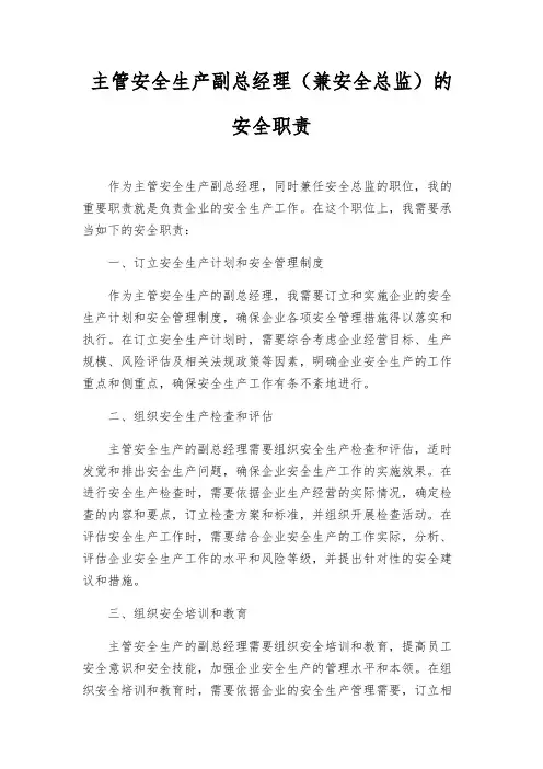 主管安全生产副总经理(兼安全总监)的安全职责
