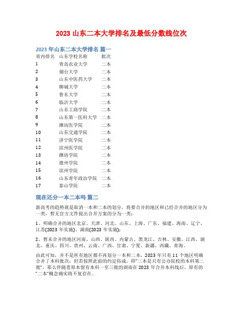 2023山东二本大学排名及最低分数线位次