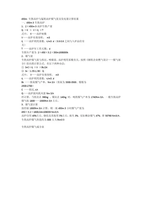 450m-生铁高炉与锰铁高炉煤气量及发电量计算结果