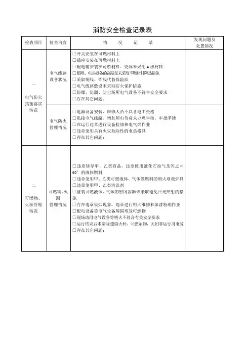 消防安全检查记录表(专项：包括电气、可燃物管理、防火分隔、消防水源等项目)