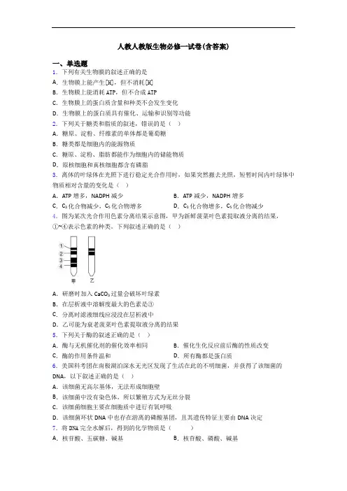 人教人教版生物必修一试卷(含答案)