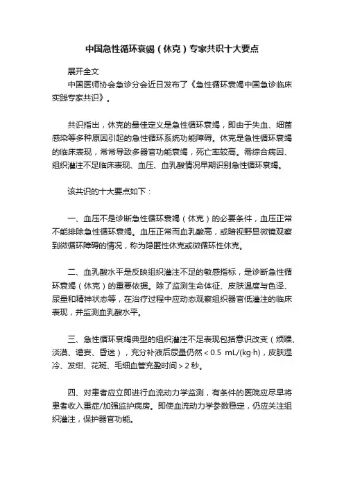 中国急性循环衰竭（休克）专家共识十大要点