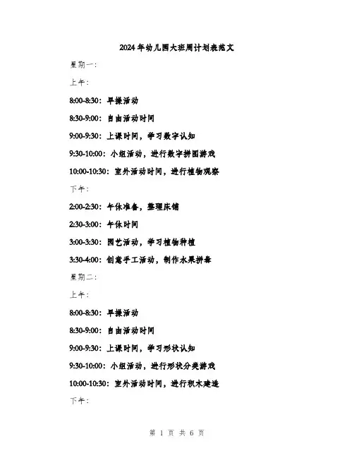 2024年幼儿园大班周计划表范文（2篇）