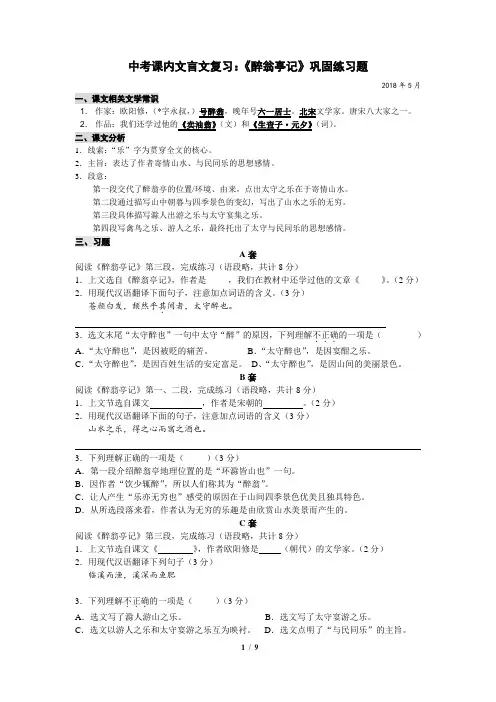 中考文言文专项复习《醉翁亭记》巩固练习题(含答案)