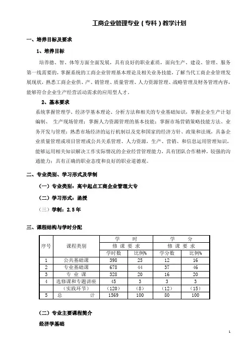 工商企业管理专业专科教学计划
