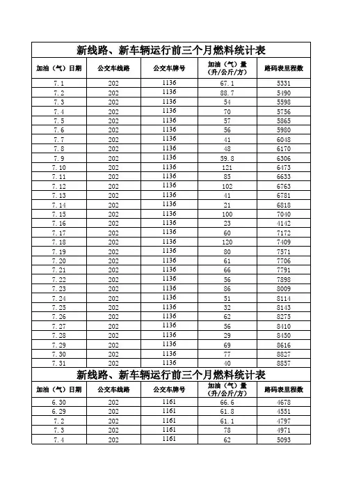 新线路开通前三个月油料公里统计表