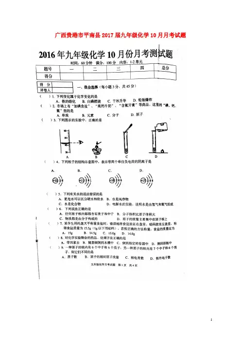 广西贵港市平南县九年级化学10月月考试题(扫描版) 新人教版
