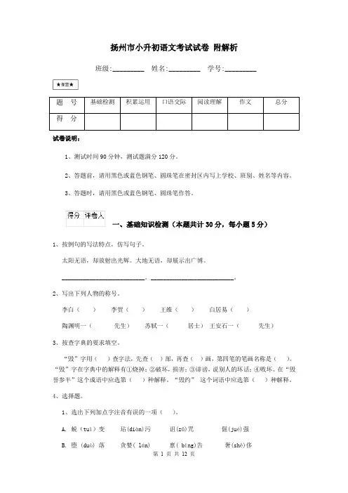 扬州市小升初语文考试试卷 附解析