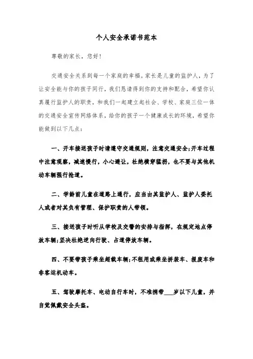 个人安全承诺书范本（6篇）