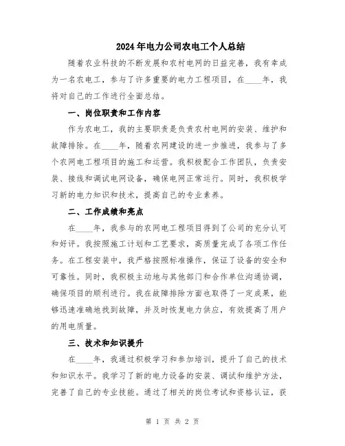 2024年电力公司农电工个人总结