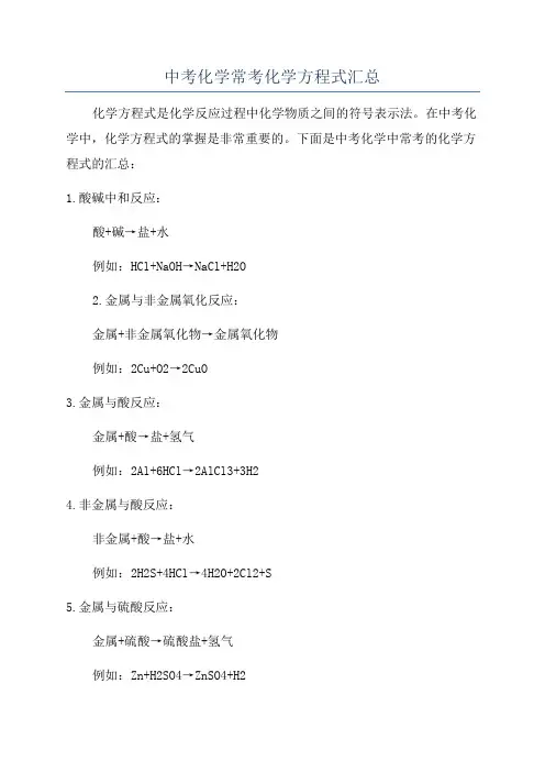 中考化学常考化学方程式汇总