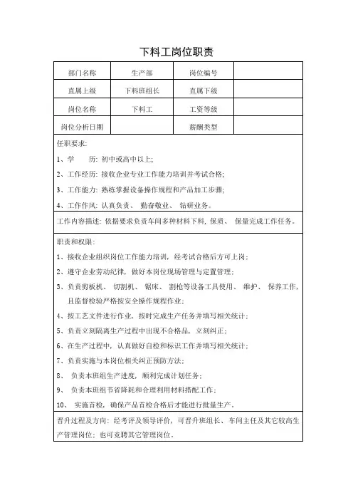 中小企业下料工岗位职责