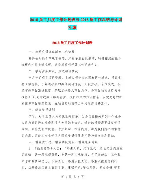 2018员工月度工作计划表与2018周工作总结与计划汇编.doc