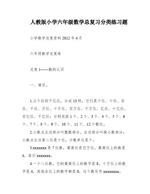 人教版小学六年级数学总复习分类练习题