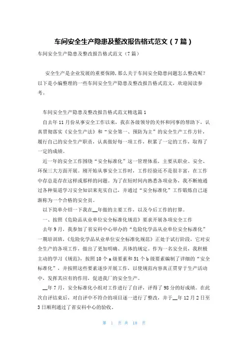 车间安全生产隐患及整改报告格式范文(7篇)