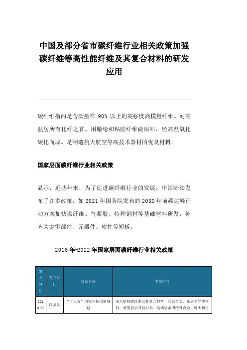 中国及部分省市碳纤维行业相关政策加强碳纤维等高性能纤维及其复合材料的研发应用