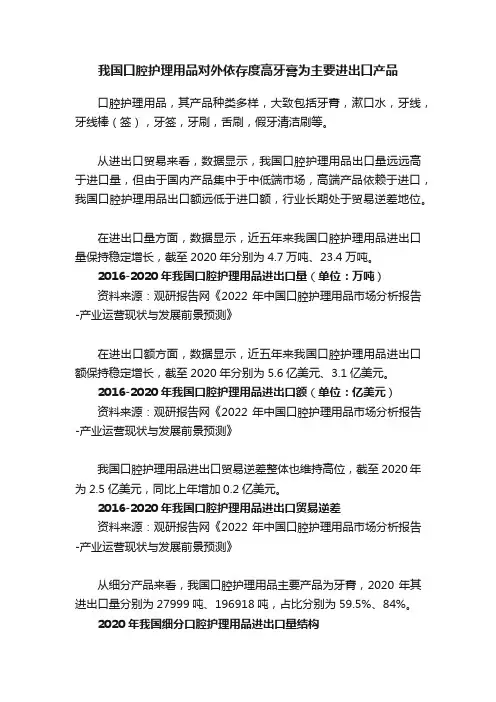 我国口腔护理用品对外依存度高牙膏为主要进出口产品