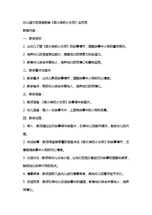 幼儿园大班语言教案《卖火柴的小女孩》含反思