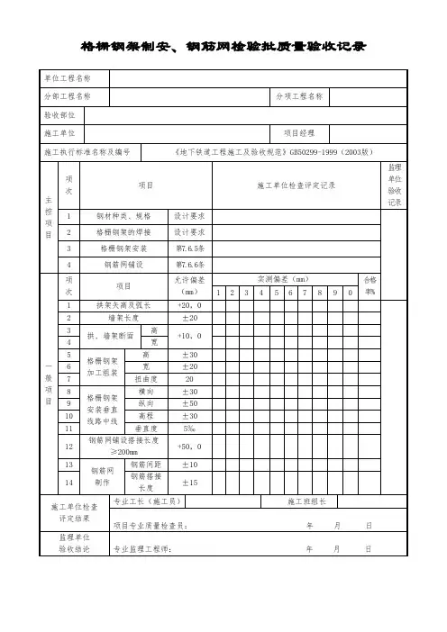格栅钢架制安、钢筋网检验批质量验收记录
