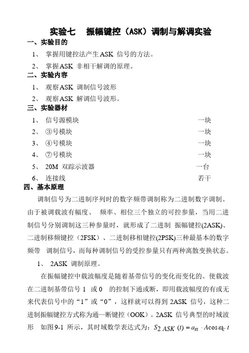实验七   振幅键控(ASK)调制与解调实验