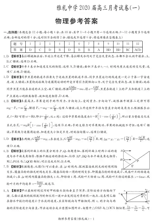 湖南省长沙市雅礼中学2020届高三物理上学期月考试题(一答案)