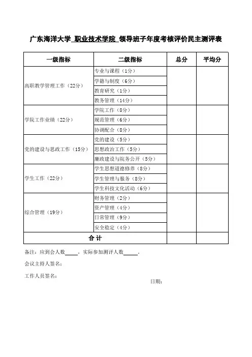 领导班子年度考核评价民主测评结果汇总表