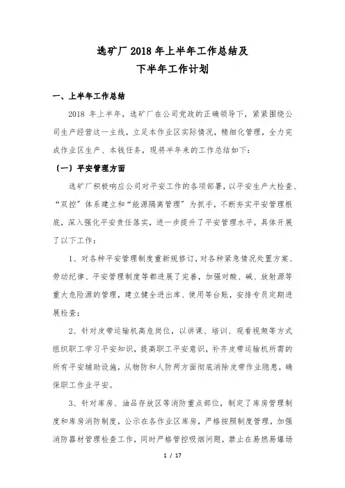 选矿厂生产工作计划总结