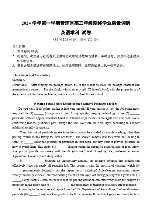 上海市青浦区2025届高三上学期一模考试 英语试题(含答案)