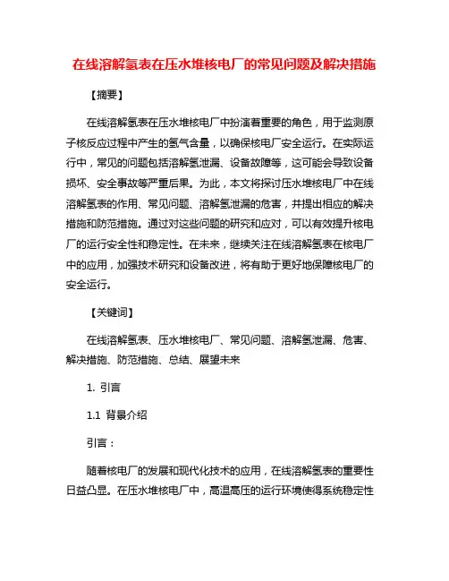 在线溶解氢表在压水堆核电厂的常见问题及解决措施