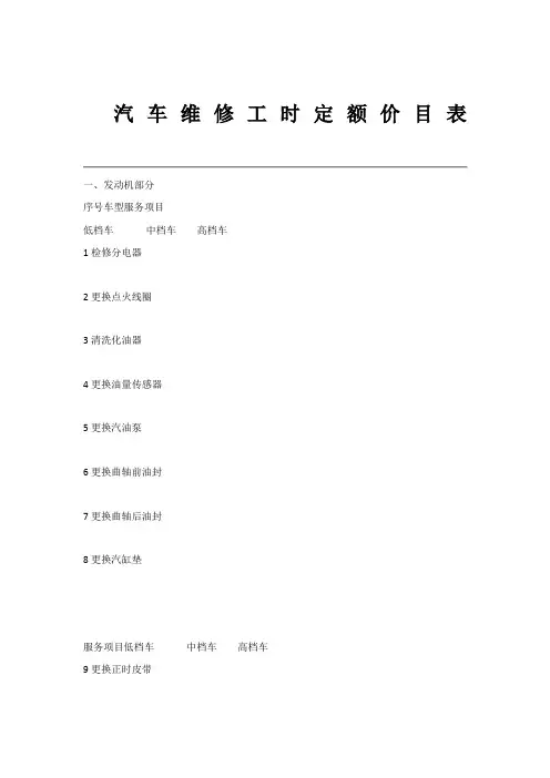 维修工时价格表