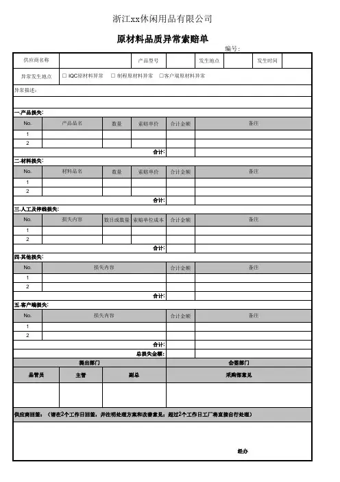 原材料品质异常索赔单