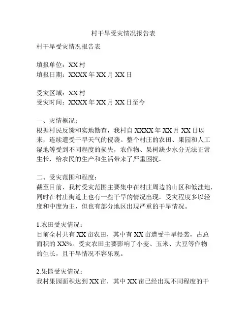 村干旱受灾情况报告表