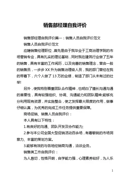 销售部经理自我评价