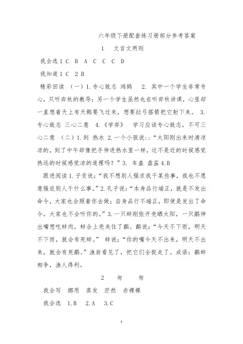 新版人教版六年级下册语文配套练习册_参考答案