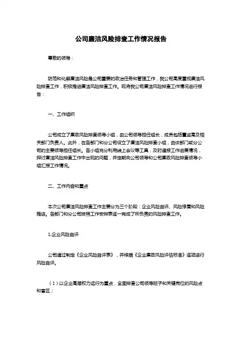 公司廉洁风险排查工作情况报告