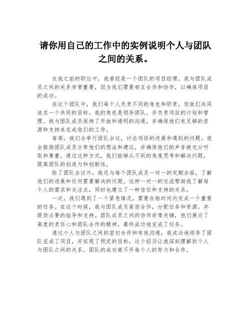 请你用自己的工作中的实例说明个人与团队之间的关系。