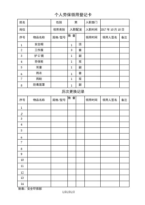 个人劳保领用登记卡