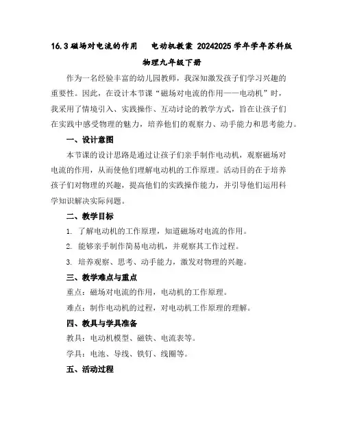 16.3磁场对电流的作用电动机教案2024-2025学年学年苏科版物理九年级下册
